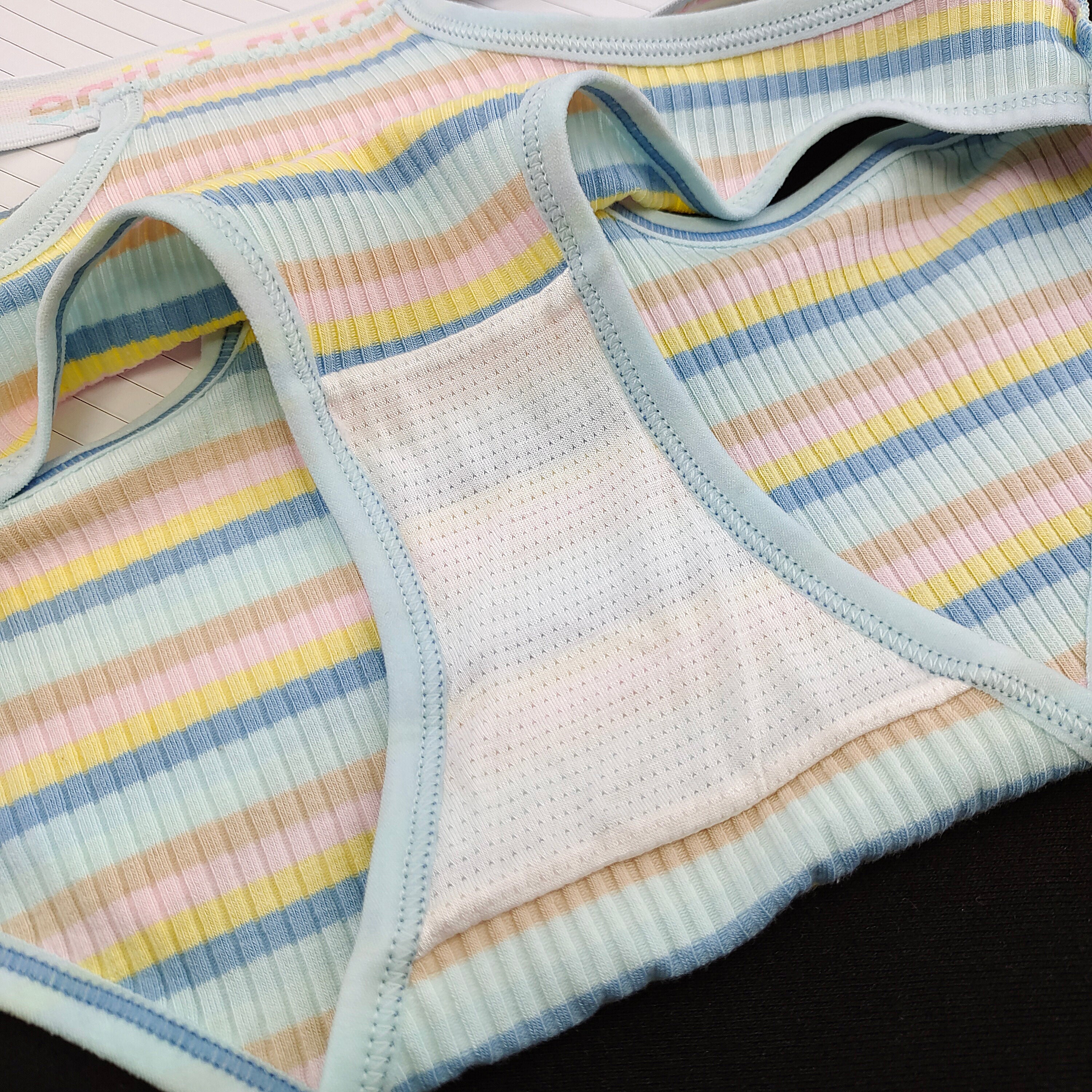 Women's Underwear Lingerie Panties Cotton Hollow Out Rainbow Stripe Lady Brief 2 Pack